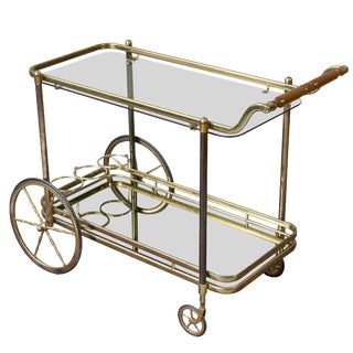French Brass Bar Cart With Glass Shelves For Sale