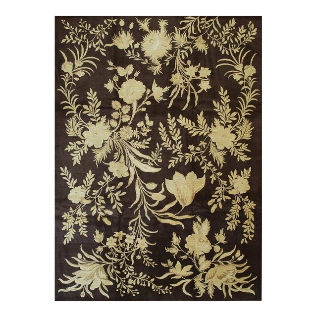 10x14 Chocolate Brown Ivory Botanical Floral Hand-Knotted Wool Rug For Sale