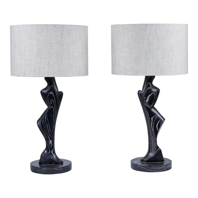 Rare Pair of French Sculptural Cerused Oak Lamps, 1950's For Sale