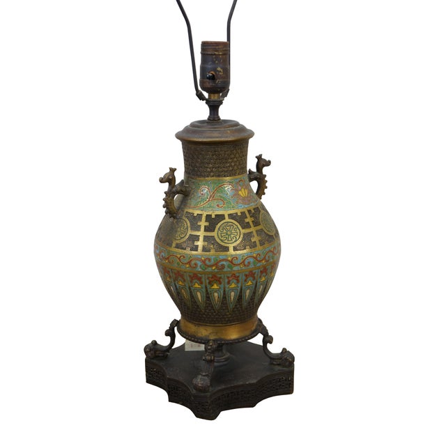 Antique Japanese champleve cloisonne enameled vase or urn, converted to a lamp mounted to a pierced / reticulated base...