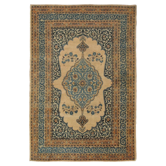 Antique Tabriz Carpet, Hadji Jalili Persian Rug, Earth Tones, Ivory and Blue For Sale - Image 12 of 12
