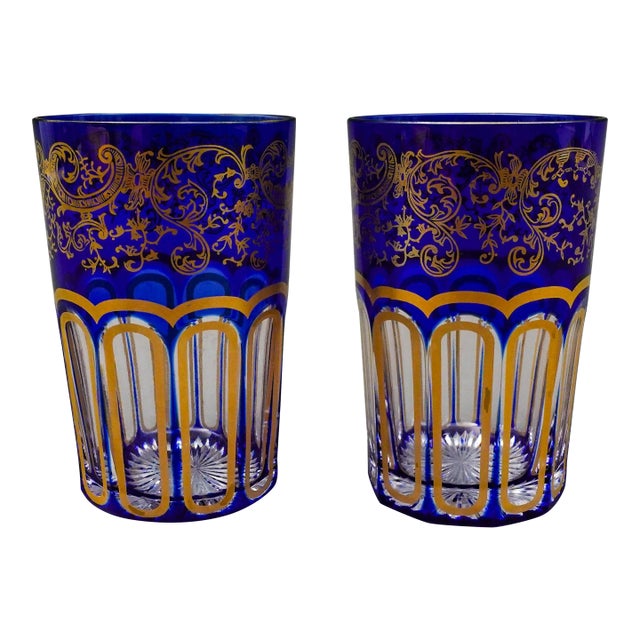 Mid 20th Century Saint St Louis Crystal France Rabat Blue Gold Gilded Tea Tumbles Glasses- Set of 2 For Sale
