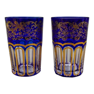 Mid 20th Century Saint St Louis Crystal France Rabat Blue Gold Gilded Tea Tumbles Glasses- Set of 2