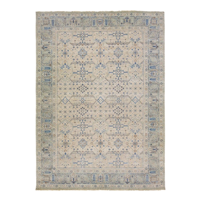 2010s Beige Modern Indian Handmade Geometric Wool Rug by Apadana For Sale