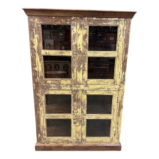Solid Reclaimed Wood & 3 Sides of Glass Display Cabinet With Shelves For Sale