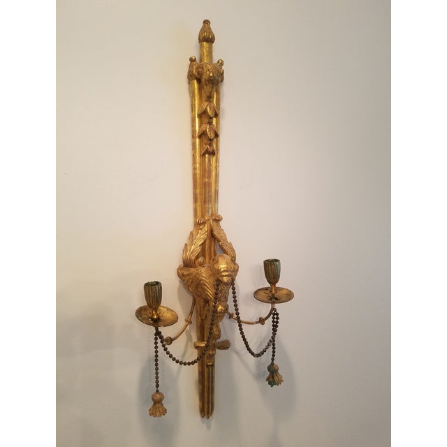Italian Neoclassical Gold Gilt Wood Sconces With Tassels - a Pair For Sale In Miami - Image 6 of 13