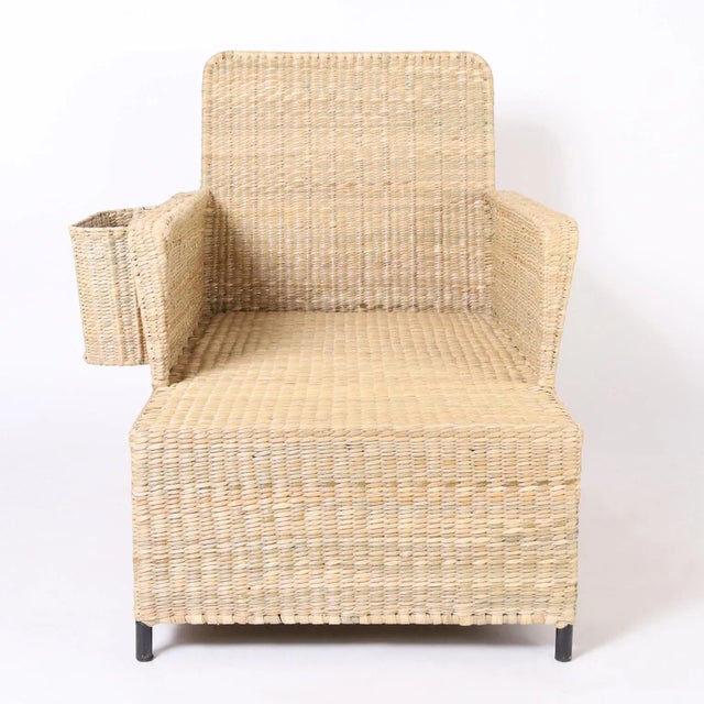 The Palm Beach, an impressive midcentury inspired coastal chaise lounge with book or computer basket handcrafted with a...