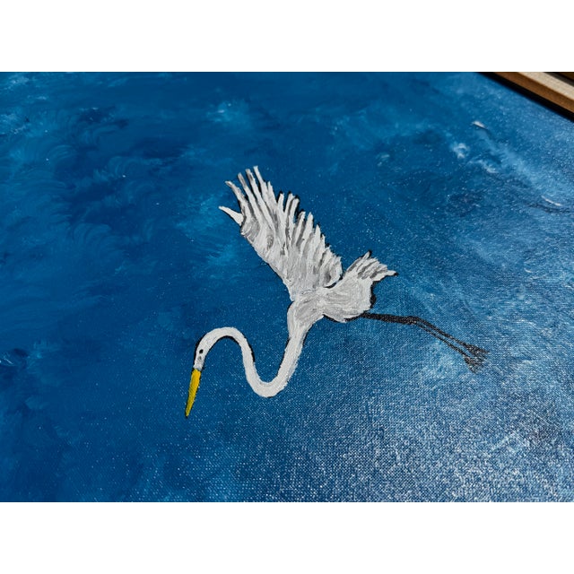 Vintage Large Folk Art Tropical Landscape Painting With Egret in Gilt Wood Frame For Sale - Image 11 of 15