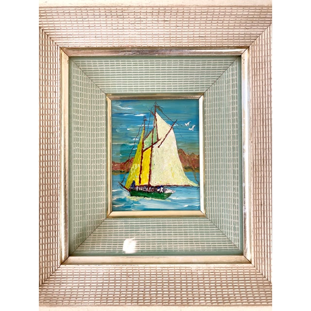Petite Vintage Expressionist Sailboat Seascape in Amazing 2-Tone Double Frame, Glazed For Sale - Image 10 of 13