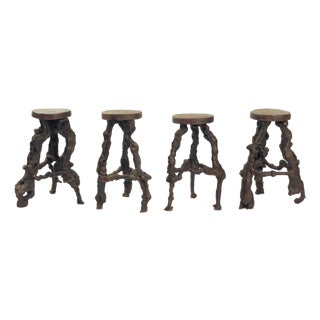 Brutalist Handcrafted Vine Wood and Oak Tripod Bar Stools, France, 1950s, Set of 4 For Sale