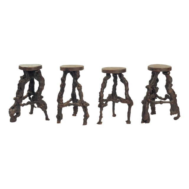 Brutalist Handcrafted Vine Wood and Oak Tripod Bar Stools, France, 1950s, Set of 4 For Sale