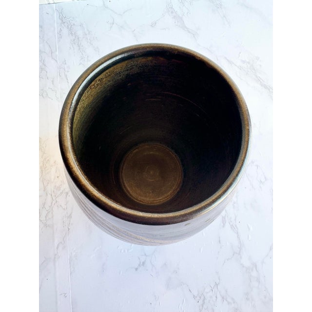 Mid-Century Modern Signed Studio Pottery Vase – Handcrafted Brown Geometric Ceramic Art For Sale - Image 3 of 8
