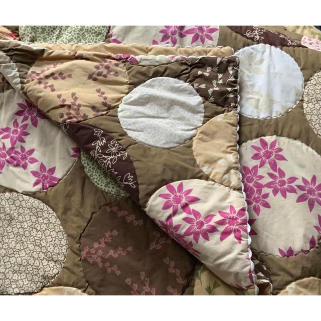 Hippie-Chic Japanese Cotton Medallion Quilt — Chocolate Brown & Pink Floral Circles, Hand Quilted, 66x88in. For Sale - Image 14 of 18