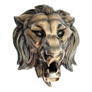 Antique Brass Finish Metal Lion Head Wall Sculptures For Sale