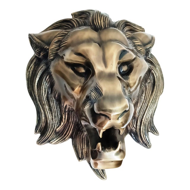 Antique Brass Finish Metal Lion Head Wall Sculptures For Sale