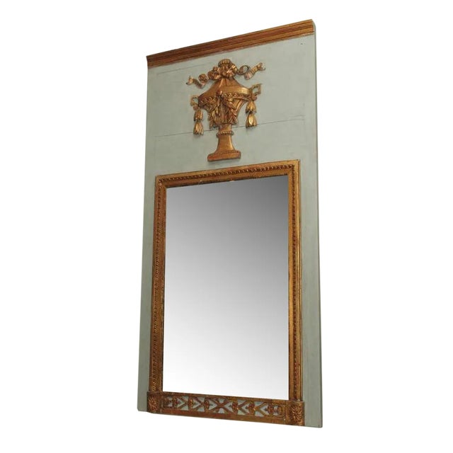 18th C Louis XVI Trumeau with gilt wood Urn Motif with Ribbon swags and laurel leaves.