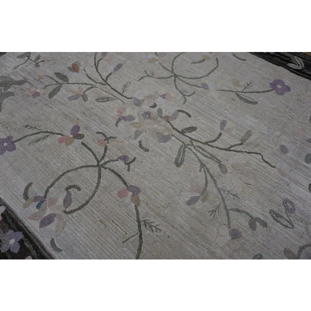 Beige 1900s Ivory Folk Art Floral Antique American Hooked Small Rug For Sale - Image 8 of 15