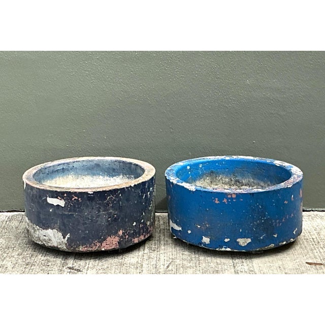 Vintage Distressed Painted Cement Planters - Set of 2 For Sale - Image 15 of 16