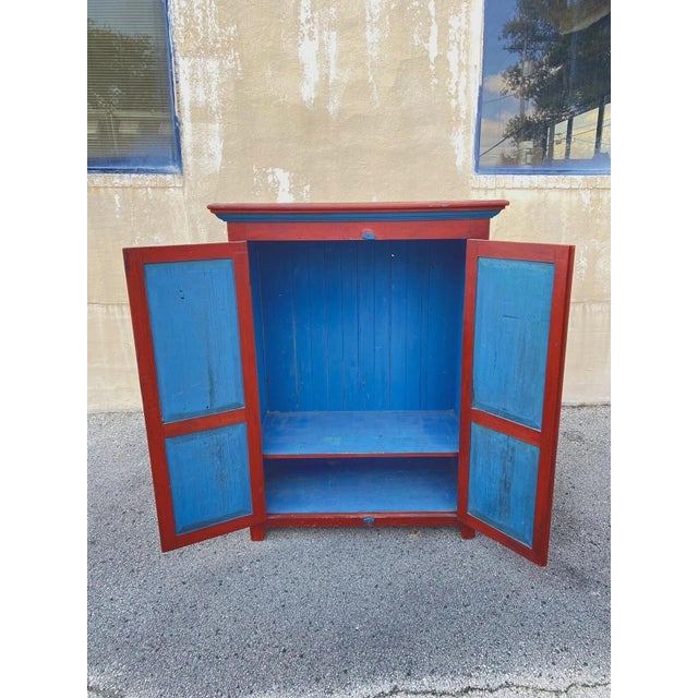 Late 20th Century Late 20th Century Country Farmhouse Red & Blue Forest Carved Wardrobe Tv Entertainment Cabinet For Sale - Image 5 of 12