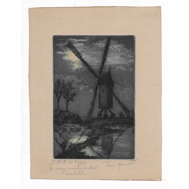 1920s color etching by Paul Mansard of a Belgian windmill. Pencil signed and titled in French "Battle of User - the old...