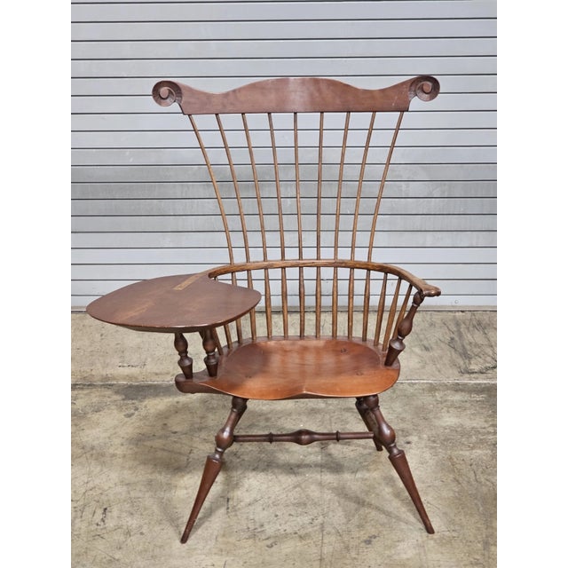 American Late 20th Century Windsor Style Desk Fan Back Writing Arm High Back Chair Bench Made Ohio For Sale - Image 3 of 11