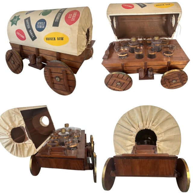 Vintage Tabletop Covered-Wagon Western Flip-Top Bar With Scotch Whiskey Glasses & Bar Tools- 20 Pieces For Sale - Image 12 of 12