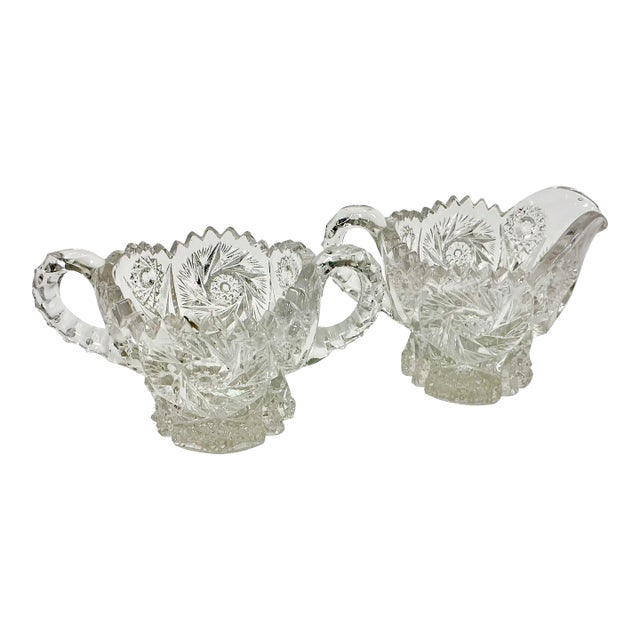 Late 1800s Antique Boho Chic Hollywood Regency American Brilliant Cut Creamer & Sugar - A Pair For Sale
