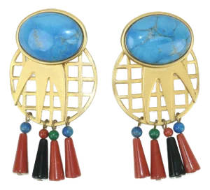 1980s Gale Rothstein Attributed Gold Metal & Semi Precious Stone Dangle Earrings, A Pair
