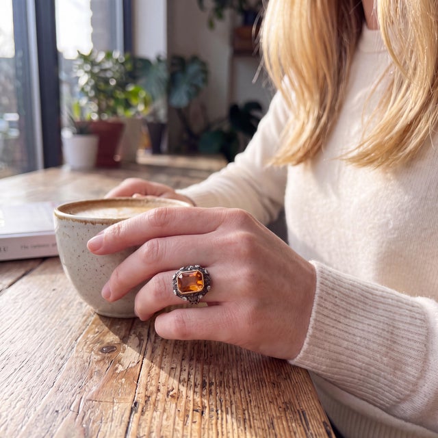 Early 20th Century Early 20th-Century Silver Over 16 Karat Gold Citrine and Diamond Ring For Sale - Image 5 of 5