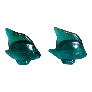 1970s Lalique Frosted Teal Angel Fish Figurine, Set of 2