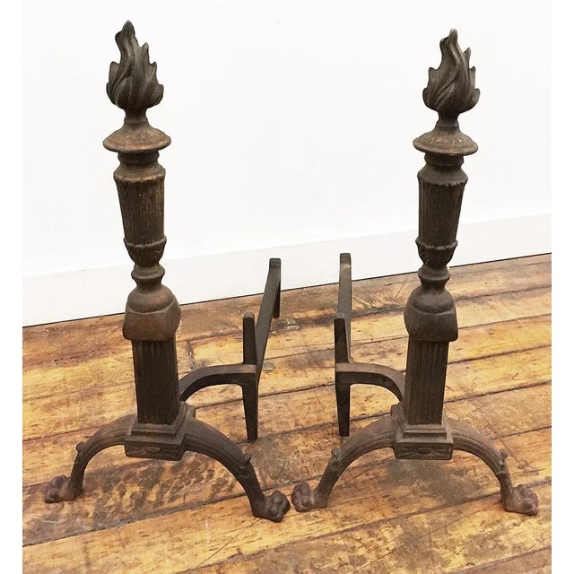 Traditional Antique Brass Andirons With Flame Torch Design - A Pair For Sale - Image 3 of 4