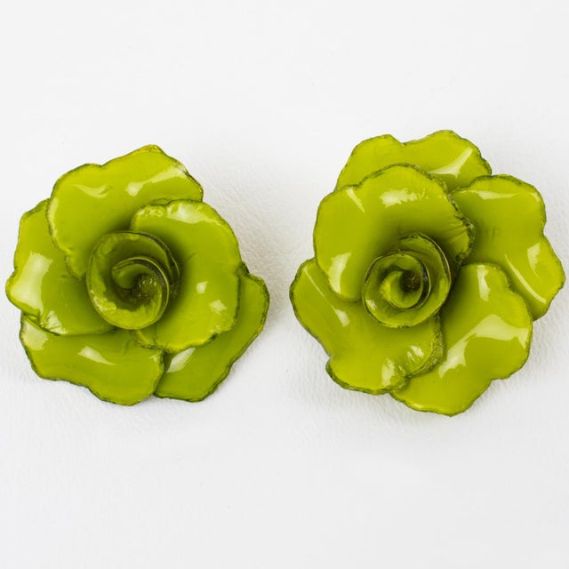 Francoise Montague Green Roses Resin Clip Earrings For Sale - Image 4 of 5