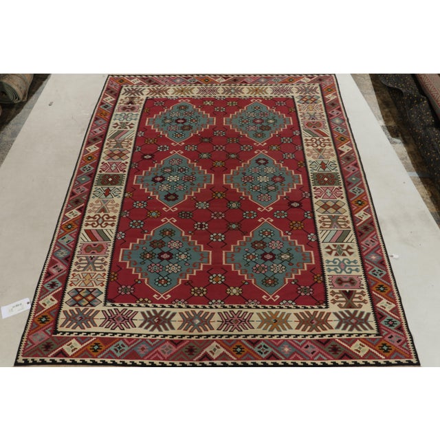 Tribal Antique Persian Kilim Rug in Burgundy & Blue Geometric Pattern For Sale - Image 3 of 9