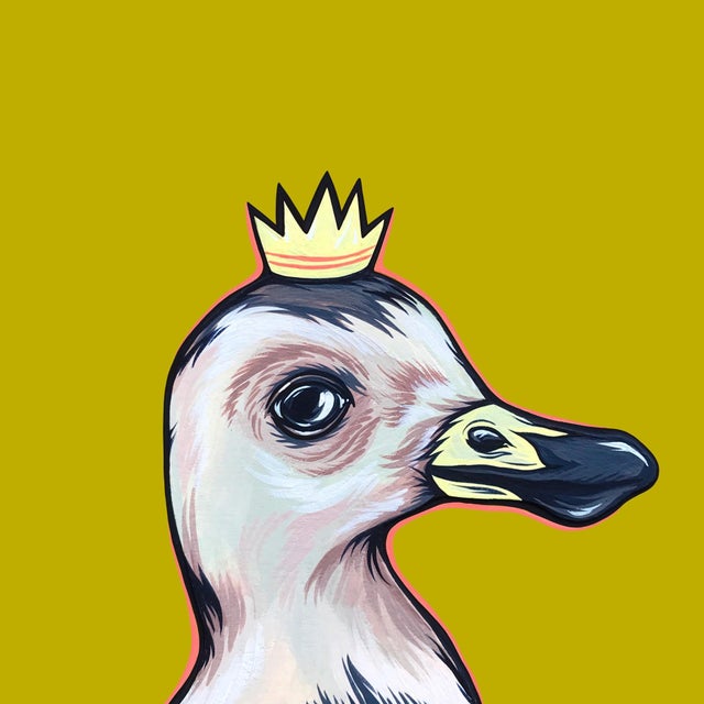 Mighty Ducks Coral Crown by Kaitlin Ziesmer | Acryla gouache of a crowned duck head For Sale