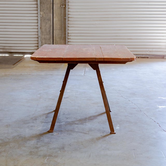 Industrial Mid 20th Century Metal Base + Painted Wood Top Industrial Table For Sale - Image 3 of 8