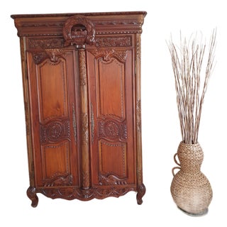 Antique French Provincial Louis XV Style Hand-Carved Solid Wood Armoire For Sale