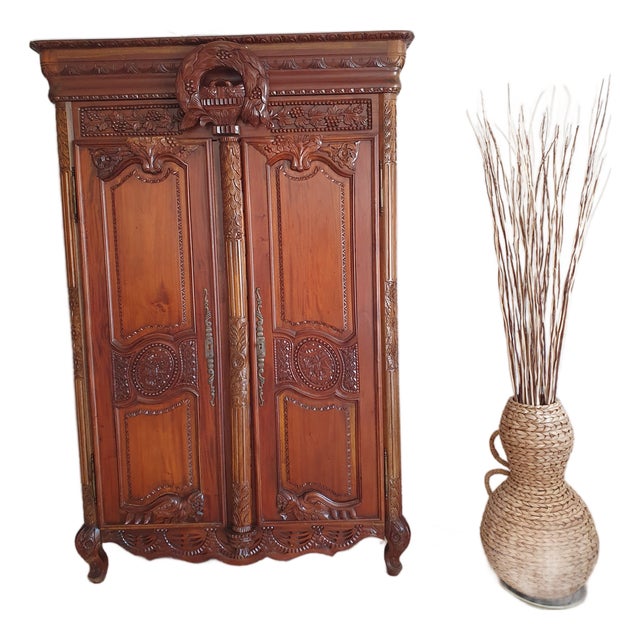 Antique French Provincial Louis XV Style Hand-Carved Solid Wood Armoire For Sale