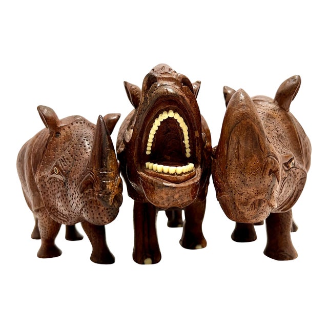 1970s Set of 3 Hand-Carved Solid Wood Rhinoceros Sculptures, Textured Hide, Inlaid Teeth and Toenails For Sale