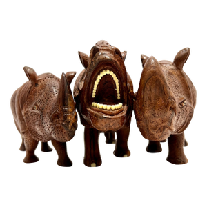 1970s Set of 3 Hand-Carved Solid Wood Rhinoceros Sculptures, Textured Hide, Inlaid Teeth and Toenails