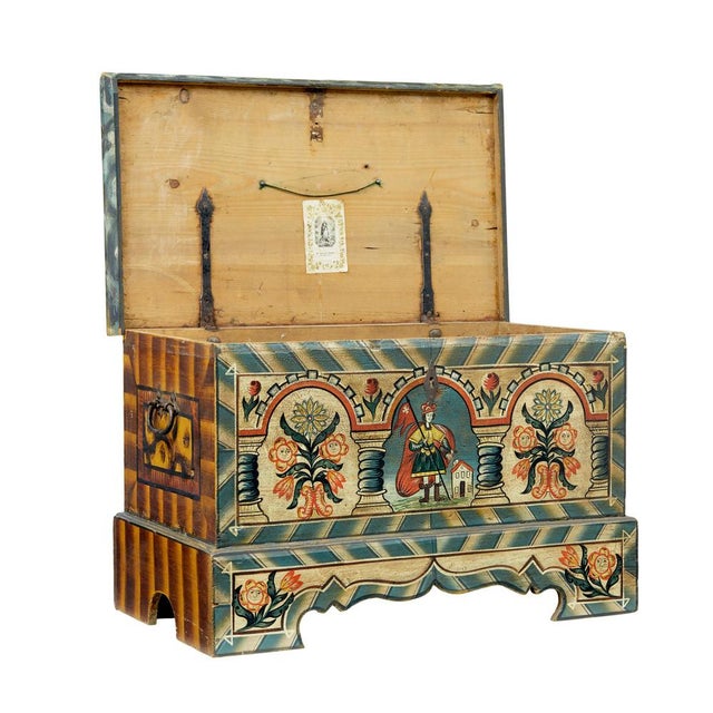Green Antique Alpine Region Hand Painted Marriage Chest, 1890 For Sale - Image 8 of 11