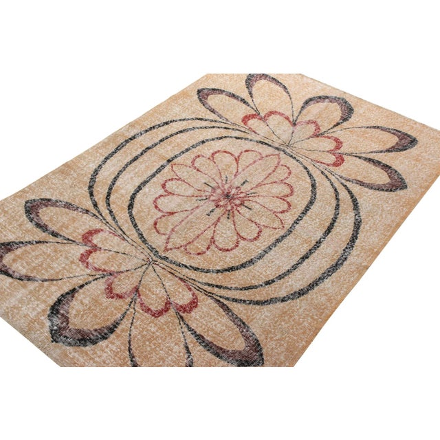 Mid-Century Modern Hand-Knotted Vintage Mid-Century Distressed Rug, Beige, Black Red Deco Medallion For Sale - Image 3 of 6