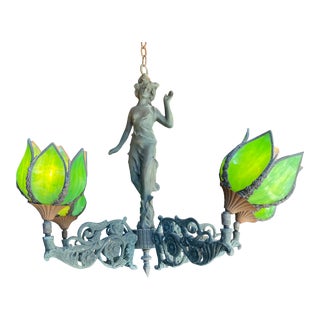 1930s Tiffany Style Flying Lady Chandelier with Green Tulip Shades For Sale