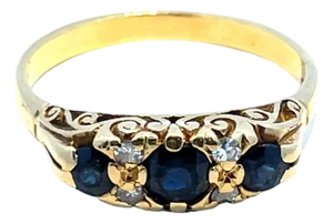 Vintage 18k Yellow Gold 3 Stone Diamond & Sapphire Ring, Size 6.5