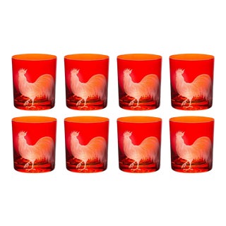 Farm Rooster Double Old Fashioned Glasses Burnt Orange - Set of 8 For Sale