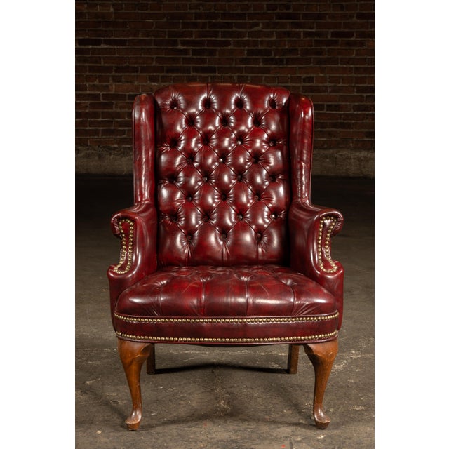 Traditional Vintage Tufted Leather Wingback Chesterfield Armchair in Oxblood For Sale - Image 3 of 14