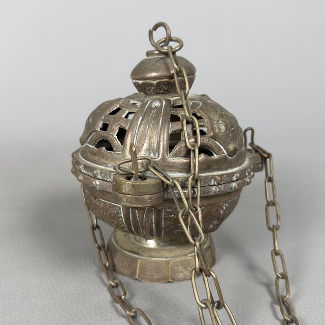 Antique Handcrafted Embossed Brass Thurible Sacred Censer, Early 1900s For Sale - Image 4 of 12