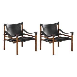Vintage Scirocco Safari Lounge Chairs in Black Leather and Wood by Arne Norell for Arne Norell AB, 1960s, Set of 2 For Sale