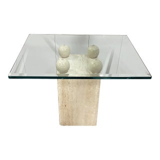 Mid-Century Style Cocktail or Side Table W/Sculptured Travertine Base and Glass For Sale