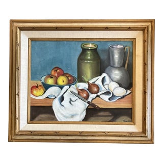 1970’s Original Vintage Still Life With Fruit & Pots Painting Original Frame Signed For Sale