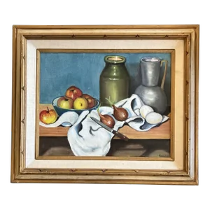 1970’s Original Vintage Still Life With Fruit & Pots Painting Original Frame Signed